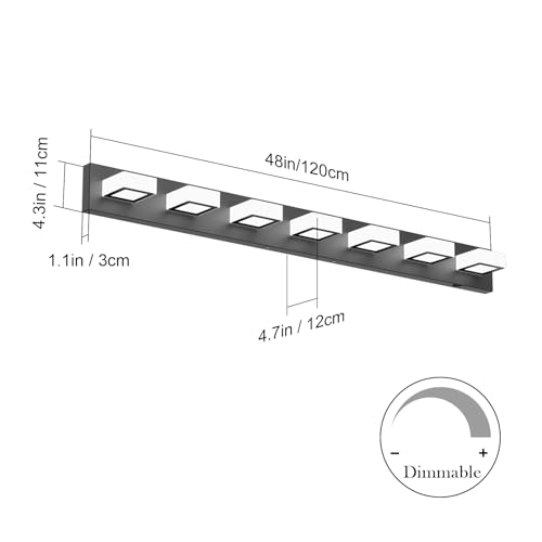46inch Matte Black Vanity Lights 7 Lights Dimmable 5 Color Temperature Acrylic Modern LED Black Vanity Lighting for Bathroom