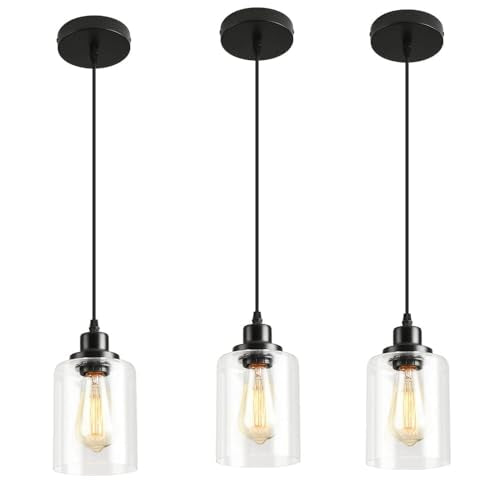 3 Lights Industrial Pendant Light with Glass Shade Matte Black Pendant Lighting Adjustable Industrial Retro Style Hanging Light (3 Count)