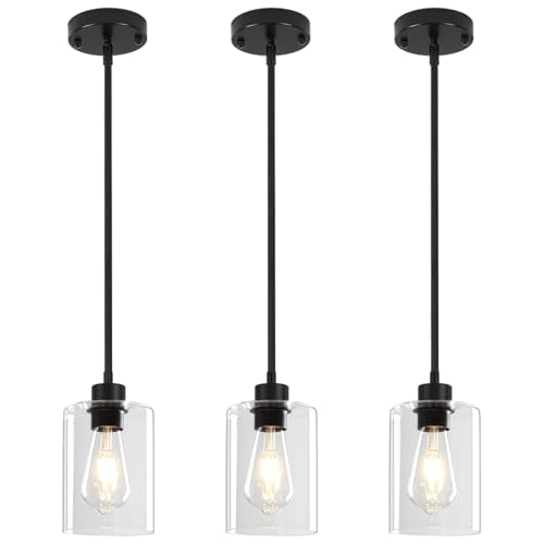 3 Pack Black Pendant Lights Kitchen Island Glass Hanging Lighting Fixtures