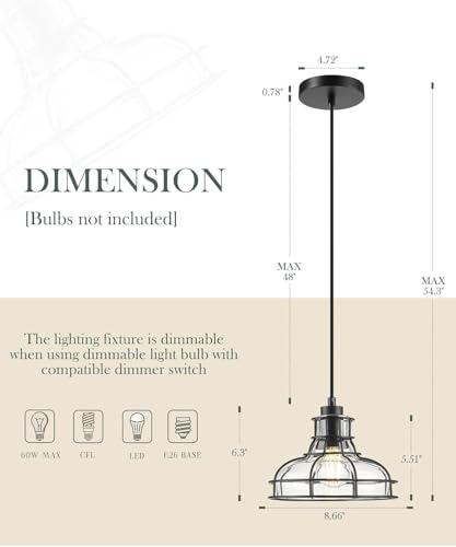 2PK 8.7" Industrial Pendant Lights with Glass Shade & Metal Cage (2 Count)