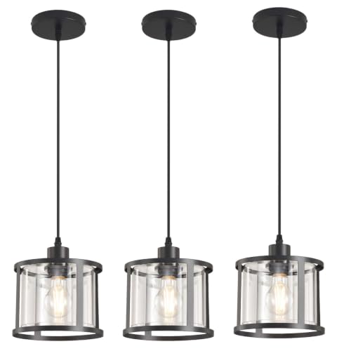 3 Lights Industrial Pendant Light with Glass Shade Matte Black Pendant Lighting Adjustable Industrial Retro Style Hanging Light