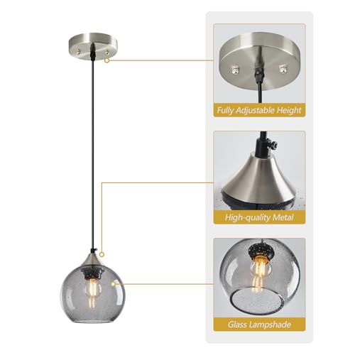 Light Grey Glass Pendant Lights Kitchen Island Globe Pendant Light Fixtures Modern Pendant Lighting for Bedroom Living Dining Room Light Fixture (2 Count)