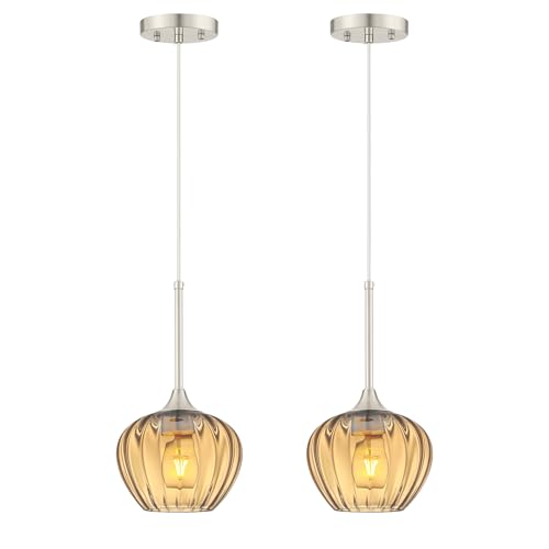 2Pack Amber Glass Pendant Lights Kitchen Island with Brushed Nickel FInish (2 Count)