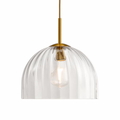 Clear Ribbed Glass Pendant Light Kitchen Island 11.8Inch Brass Hanging Lamp