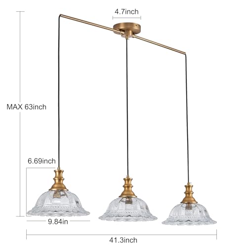 Vintage 3 Light Pendant Light Fixtures Modern Glass Hanging Lights with Adjustable Cord for Kitchen Island Dining Room Living Room Hallway (3 Count)