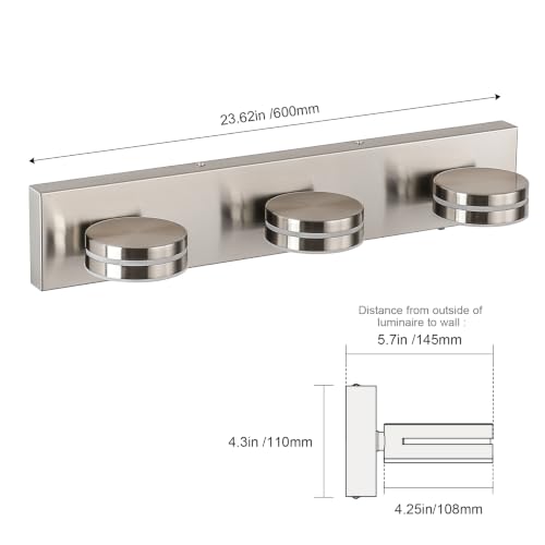 3 Light Bathroom Vanity Light 23.62in Brushed Nickel Vanity Light