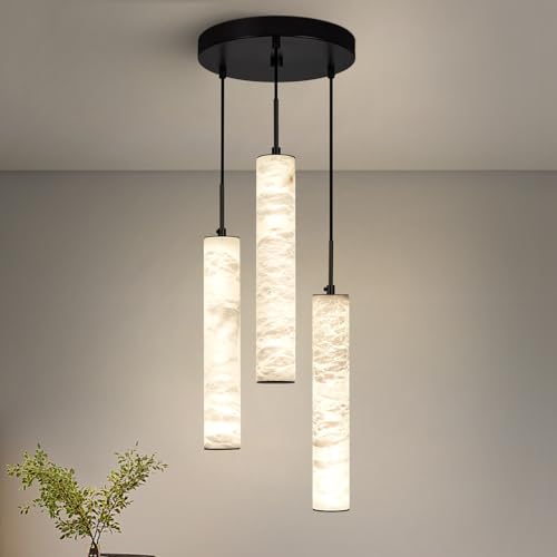 Natural Alabaster Pendant Lights for Kitchen Island White Marble Long Tube Chandelier 4000K Modern Black Ceiling Light Fixtures for Bedroom Dining Room Table Living Room Hallway