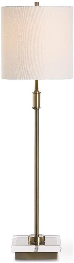 BOWERY HILL Contemporary Metal Buffet Lamp, 32" H x 9" W x 9" D, Antique Brass Finish with Crystal Base, White Linen Shade, Elegant Design for Table or Buffet
