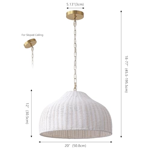 Eliza 20" Bohemian White & Brass Gold Woven Rattan Dome Pendant