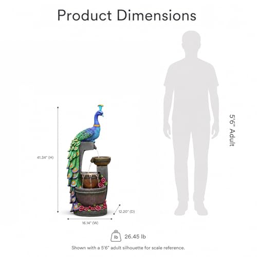 Outdoor Water Fountain 41" H Cascading Peacock Waterfall Fountain with LED Lights & Pump Tiered Water Feature for Garden