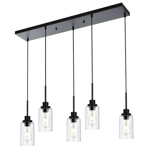 5 Light Black Pendant Lights for Kitchen Island with Clear Glass