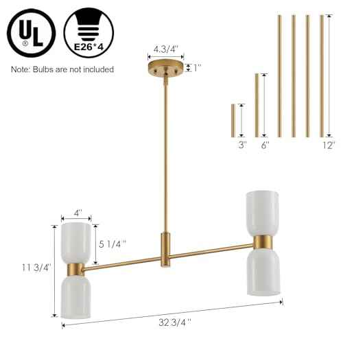 Modern Linear Chandelier for Kitchen Island, Gold Island Light Fixtures with White Glass Shade, 4-Light Linear Pendant Light Fixture for Dining Room