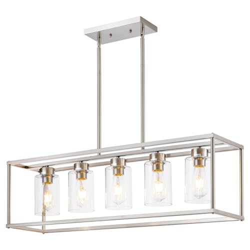 5 Light Dining Room Light Fixture Rectangular Modern Farmhouse Chandelier Brushed Nickel Linear Hanging Pendant Lighting Rectangle for Kitchen Living Room Adjustable Height with Glass Shade