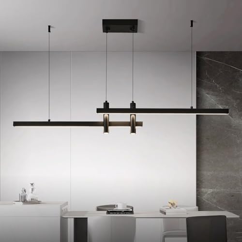 Modern Black Linear Pendant Lights Kitchen Island Lighting Minimalist Led Chandeliers Pool Table Light Dimmable Ceiling Hanging Light Fixture Dining Room with Remote Control