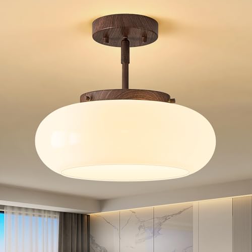 Mid Century Modern Faux Walnut Wood Semi Flush Ceiling Light 12.6 Inch