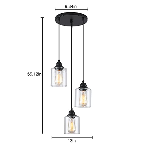 3 Lights Industrial Pendant Light with Glass Shade Matte Black Pendant Lighting Adjustable Industrial Retro Style Hanging Light
