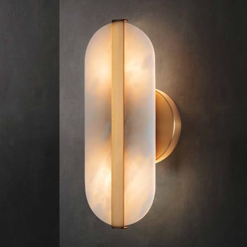 Natural Alabaster Wall Sconces Marble Wall Sconces Gold Bathroom Vanity Wall Light Fixture Stone Wall Lamp Modern Alabaster Sconces Wall Lighting for Bedroom Living Room Hallway Restaurant
