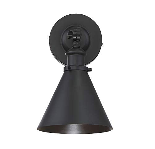 9-0901-1-89 Glenn Vintage Industrial Metal Sconce with Adjustable Shade Angle, 1-Light 60 Watt, 12" H x 7" W, Matte Black