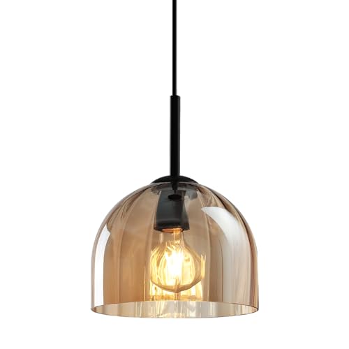 Amber Ribbed Glass Pendant Light Kitchen Island 7.8Inch Black Hanging Lamp