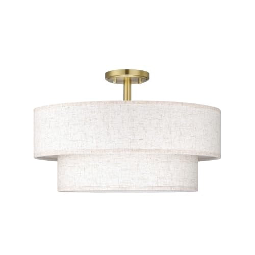 2 Tier 20" Cream Drum Fabric 4 Light Gold Semi Flush Mount Ceiling Light for Living Room Dining Room Bedroom Hallway