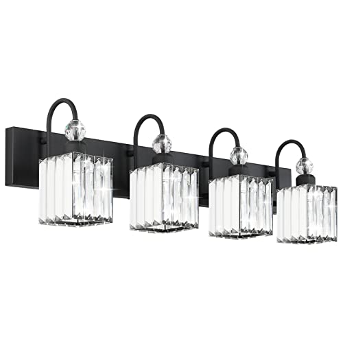 Matte Black Crystal Vanity Light 4 Light Modern Crystal Bathroom Lighting Fixtures Over Mirror