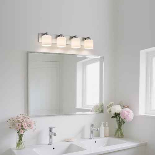 4 Light Brushed Nickel Bathroom Vanity Light with White Glass Shades