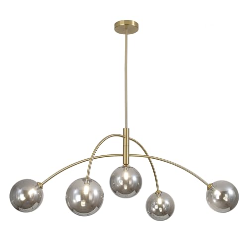 Modern Gold Chandelier 5 Light Smoke Gray Semi Flush Mount Chandelier Vintage Industrial Ceiling Light Dining Room Chandelier for Kitchen Bedroom Hallway