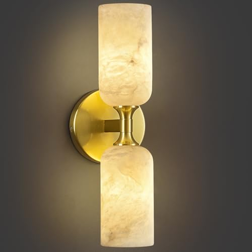 Natural Alabaster Wall Sconces Modern Gold Wall Lamp 14in Milky White Alabaster Vanity Wall Lighting for Bedroom Bathroom Staircases Hallway（Included G9 Bulb