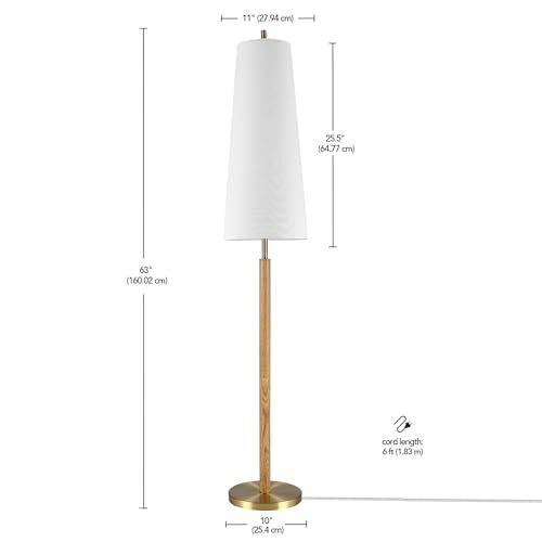 63" Matte Brass Floor Lamp with Wood Toned Accent and Long White Fabric Shade