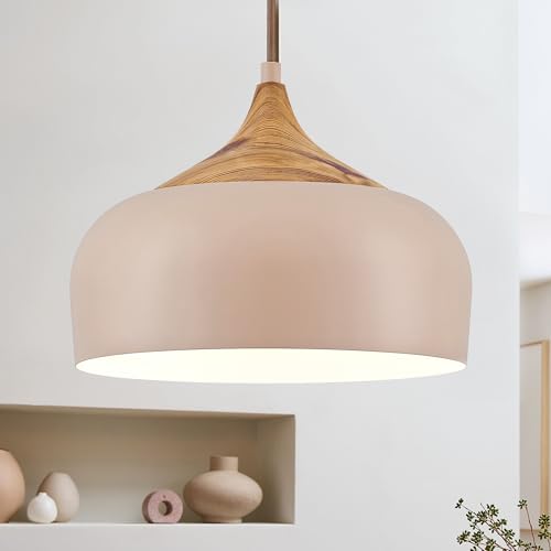 12 Inch Modern Japandi Pendant Light for Kitchen Island Farmhouse Hanging Lamp with Faux Pine Wood Grain Metal Shade
