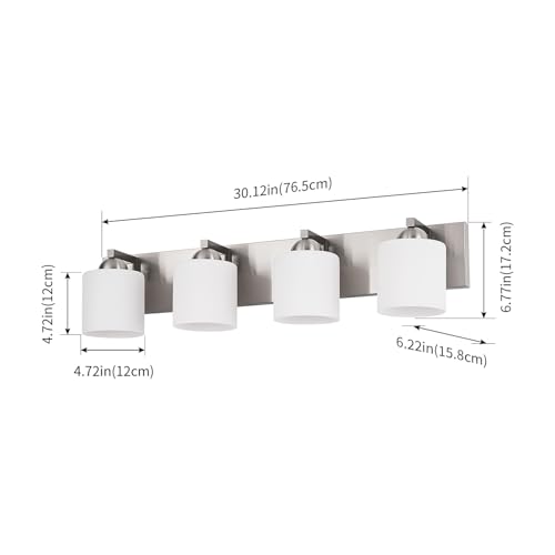 4 Light Brushed Nickel Bathroom Vanity Light with White Glass Shades