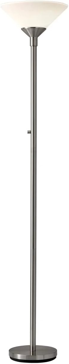 Adesso Brushed Steel Torchiere Floor Lamp with Frosted White Shade - 300W Double Socket Construction, Modern Accent Lighting for Bedroom, Living Room, or Home Office, 73” Tall