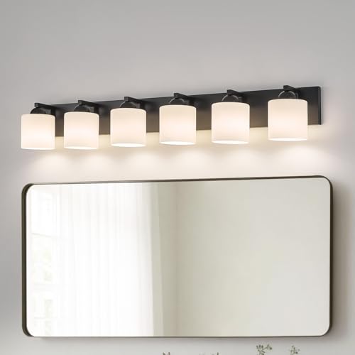 6 Light Black Bathroom Vanity Light with White Glass Shades