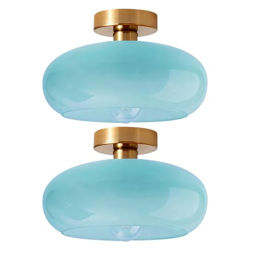 Lighting Mid Century Glass Flush Mount Ceiling Light Nordic Round Semi Flush Mount Ceiling Light Fixtures wtih Blue Dome Glass Shade Bathroom Overhead Lights Hallway Lights Fixture