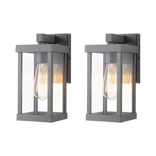 11" Classic Outdoor Wall Sconce 1 Light in Matte Gray Rectangular Metal Frame and Clear Glass Shade Waterproof Porch Light Patio Light Pack of 2 (2 Count)
