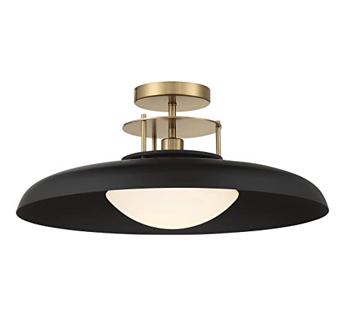 6-1685-1-143 Gavin Vintage Mid-Century Modern White Opal Metal Semi-Flush, 1-Light 60 Watt, 9" H x 20" W, Matte Black & Warm Brass Accents