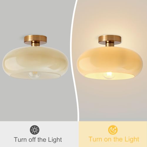Brass Flush Mount Ceiling Light Mid Century Modern Ceiling Light fixtures Brushed Gold Milk Yellow Glass Semi Flush Mount Ceiling Light Farmhouse Hallway Dining Room Ceiling Lamp
