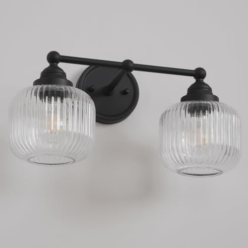 Vintage 2 Lights Clear Ribbed Glass Wall Sconce Lighting Brass Finished