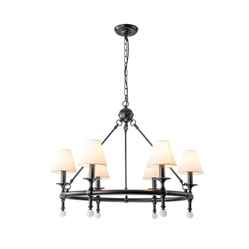 6 Light W34 Inch Matte Black Statement Chandelier with White Pleated Fabric Shades and Alabaster Finials Large Round Designer Lighting for Dining Room Living Room