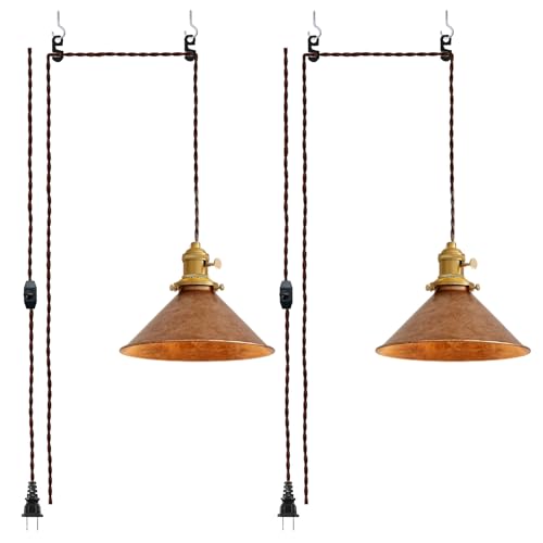 Plug in Pendant Light 8.2 Inch Rusted Copper Shade Vintage Industrial Design On