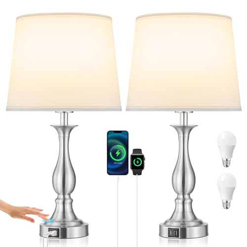 Bedside Table Lamp Touch Control Bedroom Lamps with USB A + C Charging Port 3 Way Dimmable Touch Lamps for Nightstand Living Room Bedroom Dorm Home Office Reading (2 Count)