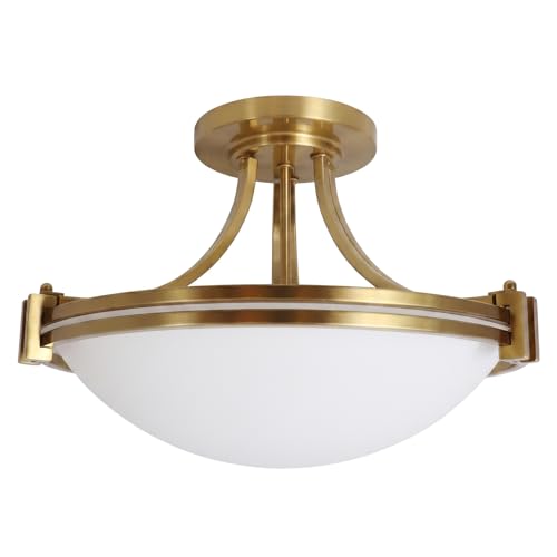 Modern Semi Flush Mount Ceiling Light Fixture 16 inch Gold Traditional Fixture with Milk Glass for Bedroom Kitchen Bathroom Hallway Foyer Living Room Entryway Brass ETL Listed