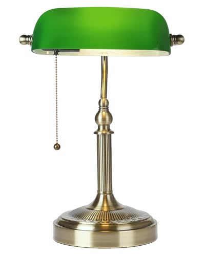 Green Glass Bankers Desk Lamp with Pull Chain Switch Plug in