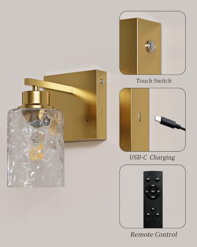 Hammered Glass Wireless Battery Operated Wall Sconces Set of Two Gold