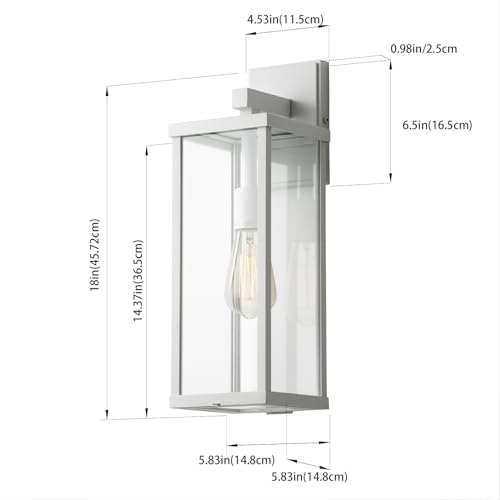 18" Classic Outdoor Wall Sconce 1 Light in Matte White Rectangular Metal Frame and Clear Glass Shade Waterproof Porch Light Patio Light Pack of 2 (2 Count)