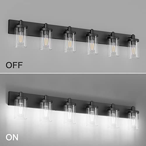 48in Vanity Light Black Bathroom Vanity Lighting Fixtures 6 Light Bathroom Light Fixtures with Clear Glass Shade