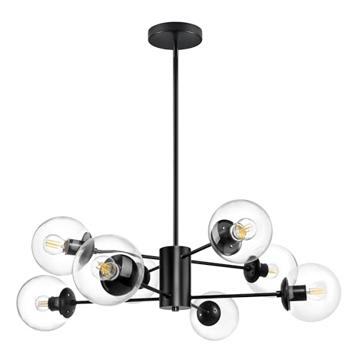 8 Light Globe Sputnik Chandelier Mid Century Sputnik Chandeliers Modern Black Chandelier with Clear Globe Pendant Light Clear Glass Adjustable Hanging Ceiling Light for Living Dining Room