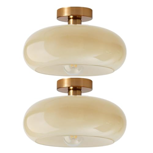 Gold Brass Flush Mount Ceiling Light Fixtures Mid Century Modern Ceiling Lights Brushed Milk Yellow Shade Glass Semi Flush Mount Light for Farmhouse Hallway Kitchen Sink Ceiling Lamp