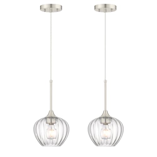 2 Pack Brushed Nickel Pendant Lights Kitchen Island with Ribbed Glass Shade (2 Count)