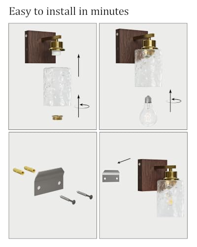 Hammered Glass Battery Operated Wall Sconces Set of Two Gold & Walnut